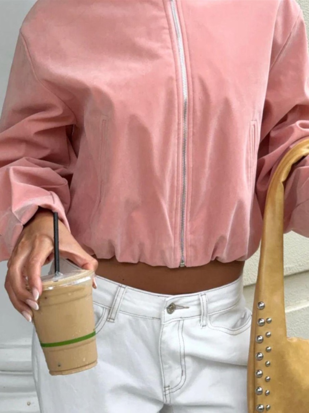 White Fox Boutique Cropped Pink Zip-Front Bomber Jacket - Women's